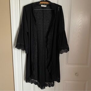 Spadehill Chic Black Lace Kimono Cardigan  Cover Up Semi Sheer M Bell Sleeves
